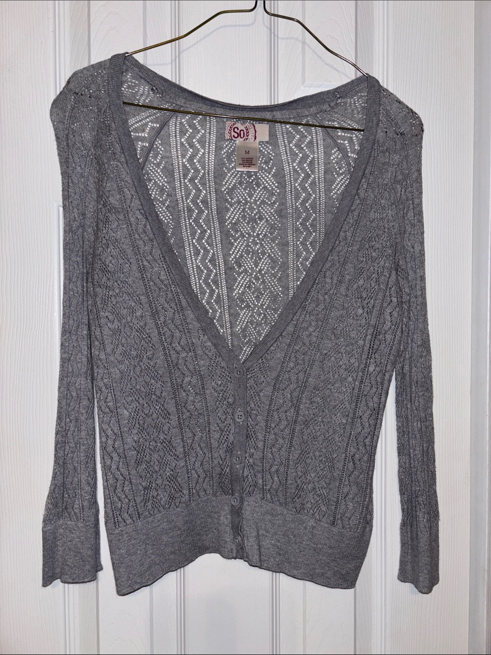 SO Gray Open-Knit V-Neck Button Cardigan